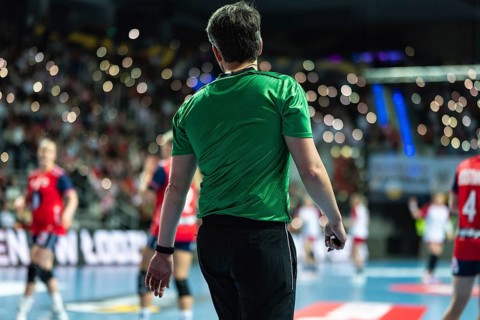 Back view of a male referee in a green shirt watching a dynamic handball match in a packed indoor