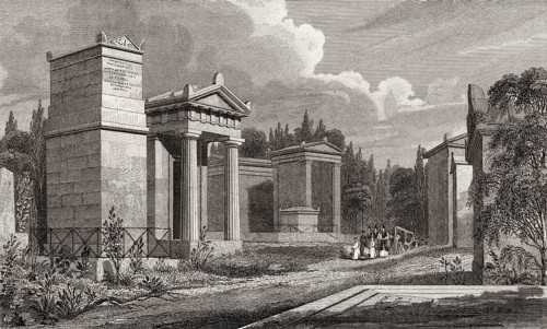 Père Lachaise Cemetery, Paris, antique steel engraved print, 1831