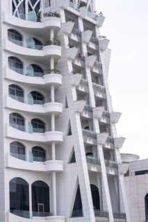 Contemporary architectural design of a building in Batumi, Georgia, featuring geometric patterns,
