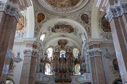 Church, Baroque Basilica of St. Mang, interior view, organ and ceiling frescoes, Füssen, Ostallgäu,