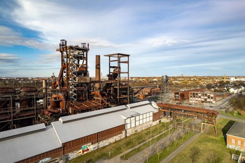 Industrial ruins of the Phönix West blast furnace works in Dortmund seen from the air, North