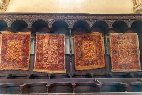Transylvanian carpets in the interior of the Black Church in Brasov or Kronstadt, Transylvania,