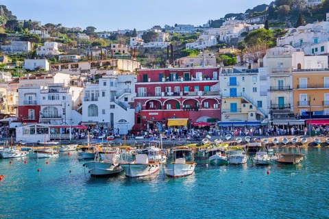 Waterfront at the Marina Grande boat harbour with excursion boats, Capri, Campanian Archipelago,