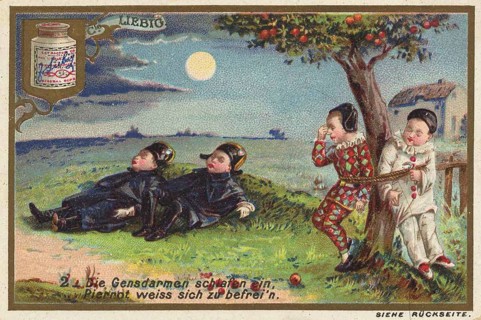 Picture series Children as fruit thieves, the gendarmes fall asleep, Pierrot knows how to free