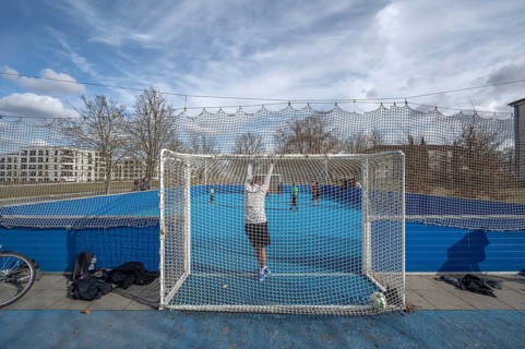 Small football pitch with safety nets on the site of the former Leighton Barracks of the Americans,