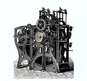 Finishing machine, roller mill, coloured wood engraving, reproduction of an original from ca 1888,