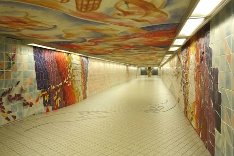 Sculpture Human Family by Peter Piniski 1992, street art, mural, tile, colourful, corridor,