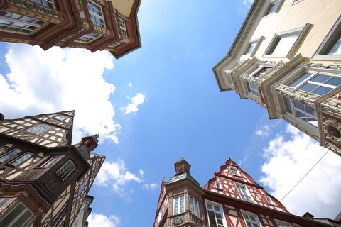 Four towers, half-timbered houses, view up, perspective, Am Plan, Marktstraße, Koblenz, landmark,