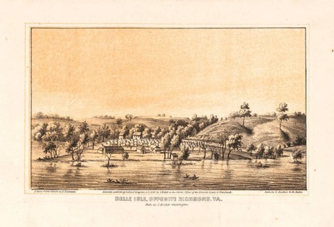 Belle Isle, an island in the James River across from Richmond, Virginia. View of the island from
