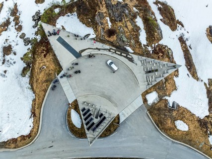 Viewpoint and rest area Utsikten, Gaularfjell mountain crossing, aerial view, national tourist
