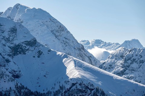 Snow-covered mountains, Steinernes Meer, from the Jenner, Berchtesgaden National Park,
