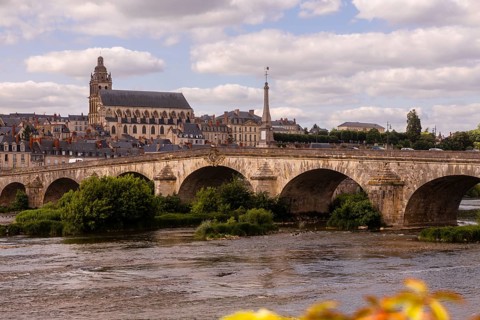 A picturesque view of Blois, France, showcasing its historic stone bridge and iconic skyline,