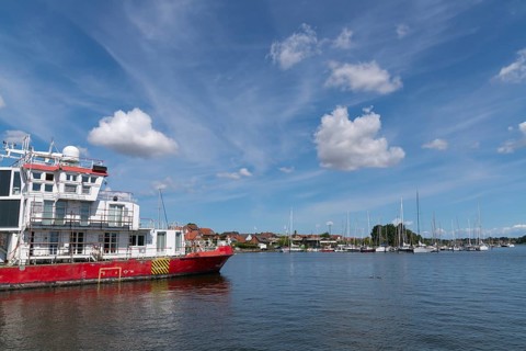 Port and marina of Arnis, smallest town in Germany on the Schlei, Schlei region, Baltic Sea fjord,
