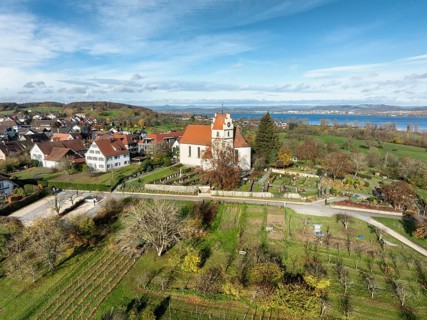 Aerial view of the municipality of Horn on the Höri peninsula with the church of St. Johann and