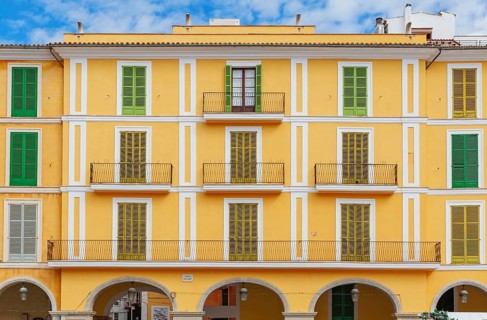 Historic building facade, Plaza Mayor, Palma de Mallorca, Mallorca, Balearic Islands, Spain