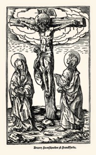 Crucifixion group, Jesus crucified between Mary and John, by Jörg Breu the Elder, woodcut, 16th