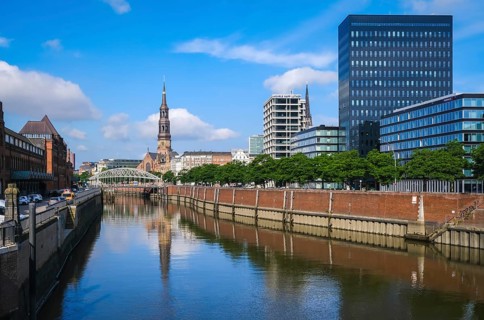 Hamburg, Germany - Speicherstadt, city view at the customs canal in the direction of the old town