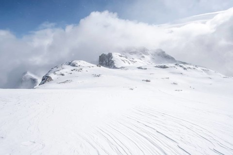 Snow-covered mountain landscape on the Wildhorn, cloudy mood, high tour, Bernese Alps, Bernese
