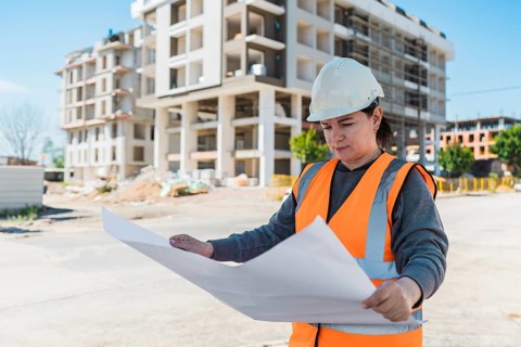 Woman in a hard hat and orange vest examines blueprints at a construction site. A modern building