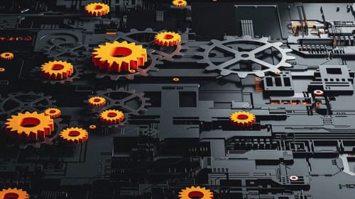 This abstract 3D background features a complex arrangement of gears in black and orange. The