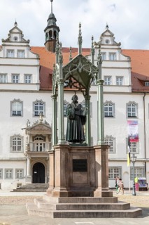 Monument to Martin Luther on the market square in front of the town hall, Luther city Wittenberg,