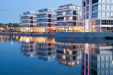 Modern architecture at the newly created Phoenix Lake in Dortmund, North Rhine-Westphalia, Germany