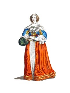 Historical clothing, fashion over time, style of dress of an English lady of standing in 1640,