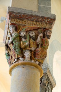 Capital of romanesque church of Saint Nectaire, The Damned, Puy de Dome, Auvergne Rhone Alpes,