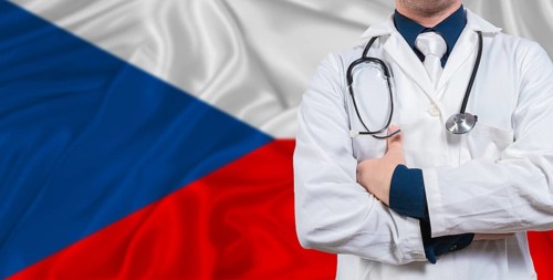 Male doctor with stethoscope on Czech Republic flag. Doctor holding stethoscope on Czech Republic
