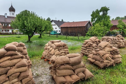 Sandbags, continuous rain, high water, flooding, town, houses, Whitsun floods 2013, climate change,