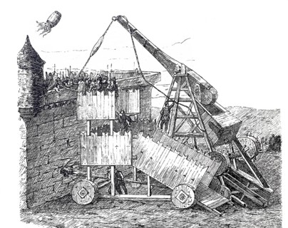 Slingshot machine from the 13th century for the conquest of fortified cities, weapon of war,