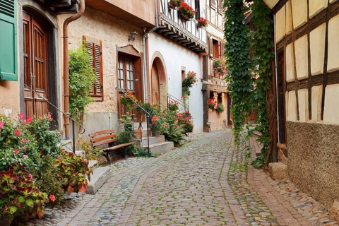 Houses in a lane, Eguisheim, Haut-Rhin, Alsace, Grand Est, France