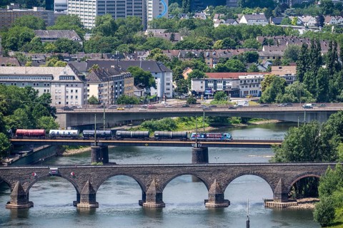 The bridges across the Moselle just in front of it flows into the Rhine, road and railway bridges,