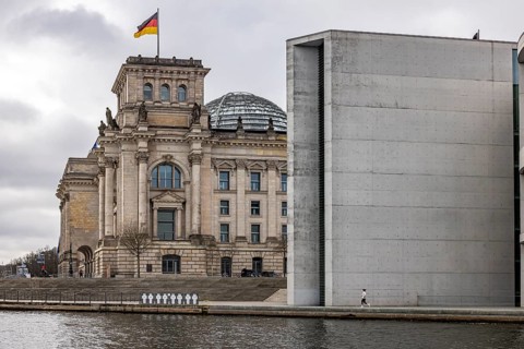 Berlin government district. Exterior view of the Brandenburg Gate and government buildings. Berlin,