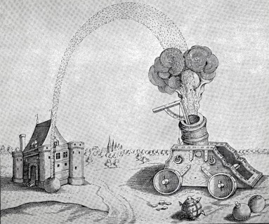 Illustration shows the historical use of a mortar, a sharp-fire gun, which was used to siege