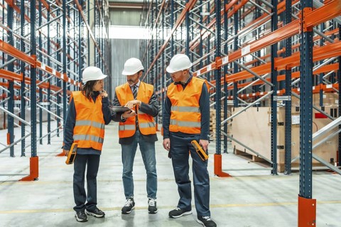 Warehouse workers wearing safety vests and hardhats are checking inventory using a digital tablet