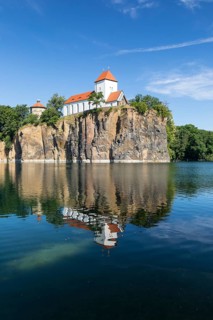 Kirchbruch lake and mountain church with water tower, Beucha, Leipzig district, Saxony, Germany