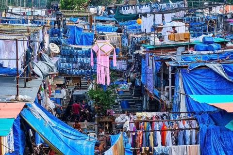 MUMBAI, INDIA, OCTOBER 31, 2019: Dhobi Ghat (Mahalaxmi Dhobi Ghat) is open air laundromat lavoir in