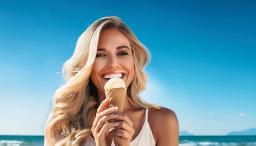 A blonde woman enjoys eating an ice cream in a cone