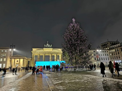 Nocturnal scene at Brandenburg Gate with illuminated Christmas tree and people, Berlin