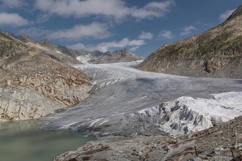 Rhone Glacier, Obergoms VS, Wallis, Switzerland. Under the white blankets is the ice grotto