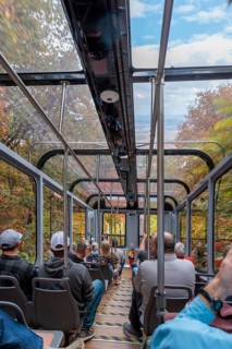 Passengers riding the Lookout Mountain Incline Railway at the lower station in Chattanooga,