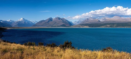 Landscape with mountains and lake. Lake Pukaki, Canterbury, South Island, New Zealand