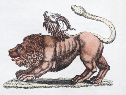 Chimera or Chimära, mythical creature, hand-coloured copperplate engraving from Friedrich Justin