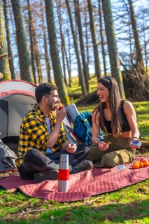 Young couple camping and playing cards on blanket in forest, eating fruit and enjoying nature