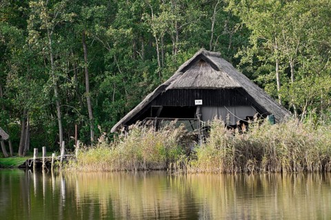 Thatched boathouse at Prerow harbour, Fischland-Darss-Zingst, Mecklenburg-Western Pomerania,
