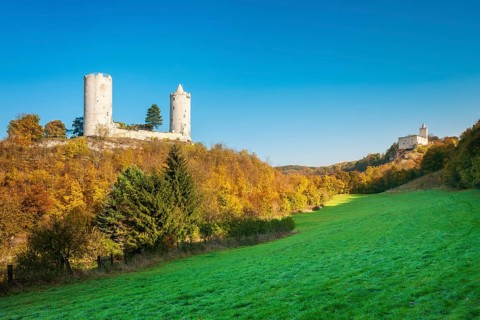 Saaleck and Rudelsburg castle ruins in the Saale valley in autumn, Bad Kösen, Burgenlandkreis,