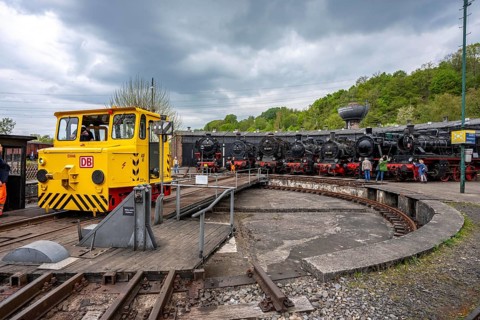 Ring locomotive shed with many historic steam locomotives in the Bochum Railway Museum, Emma