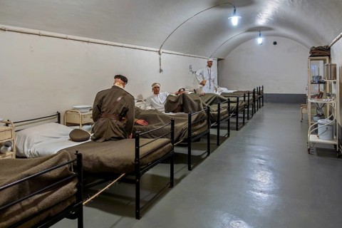 Diorama of infirmary, sick-bay with wounded soldiers at Fort Eben-Emael, Belgian WW2 fortress