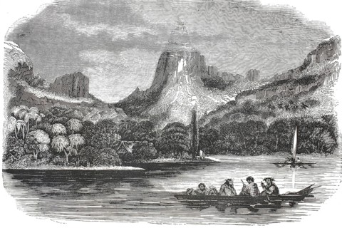 Engraving from 1847 shows the Bay of Eymo in Tahiti, the residence of Queen Pomare, the time when